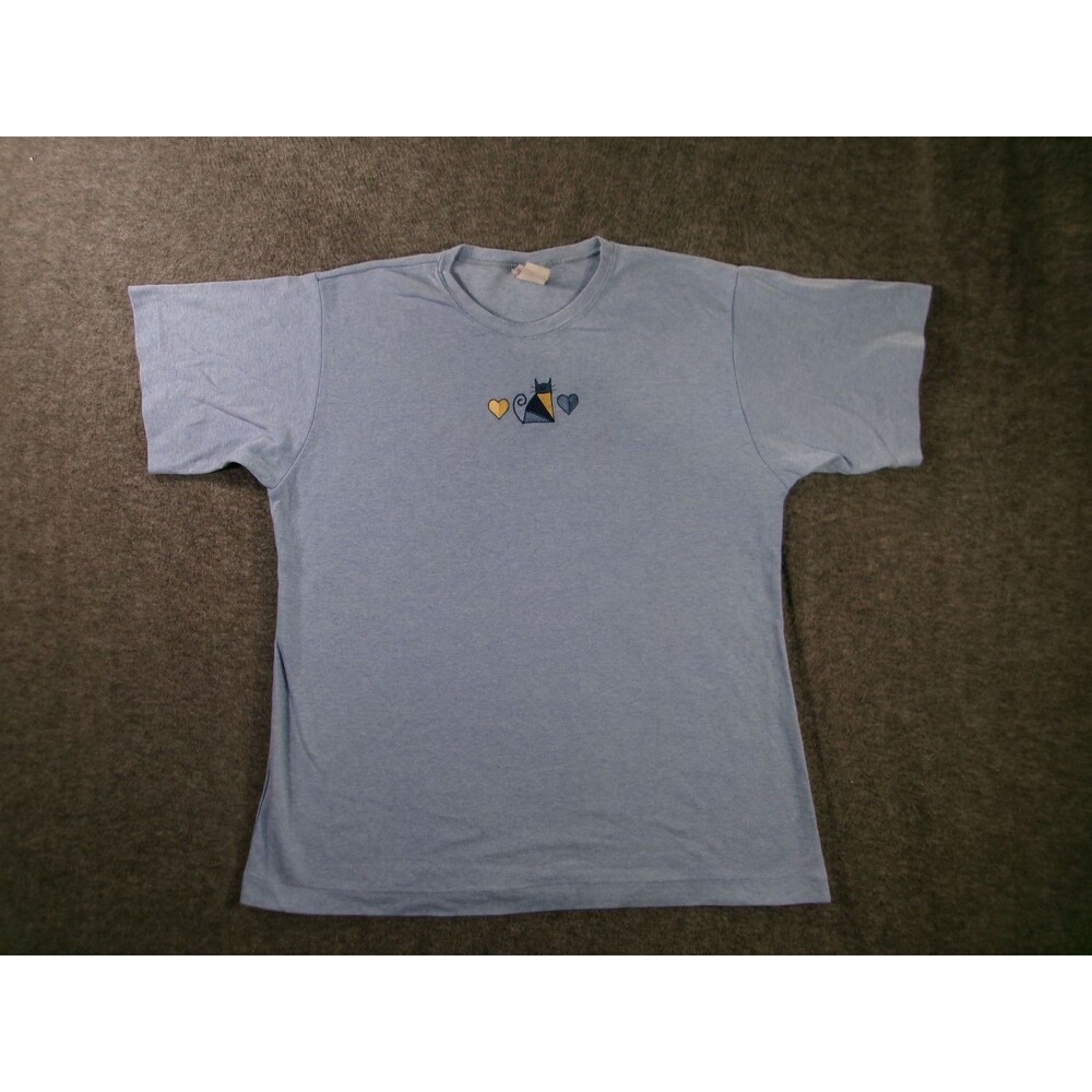 PBJ Sport Top Women Extra Large Light Blue Embroidered Cat Hearts Vintage